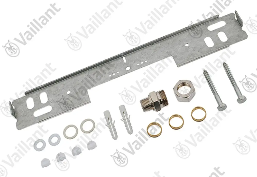 Montagesatz von Vaillant mit Metallhalterung, Schrauben, Unterlegscheiben, Dichtungen und Verbindungsteilen, geeignet für die Installation von Geräten.
